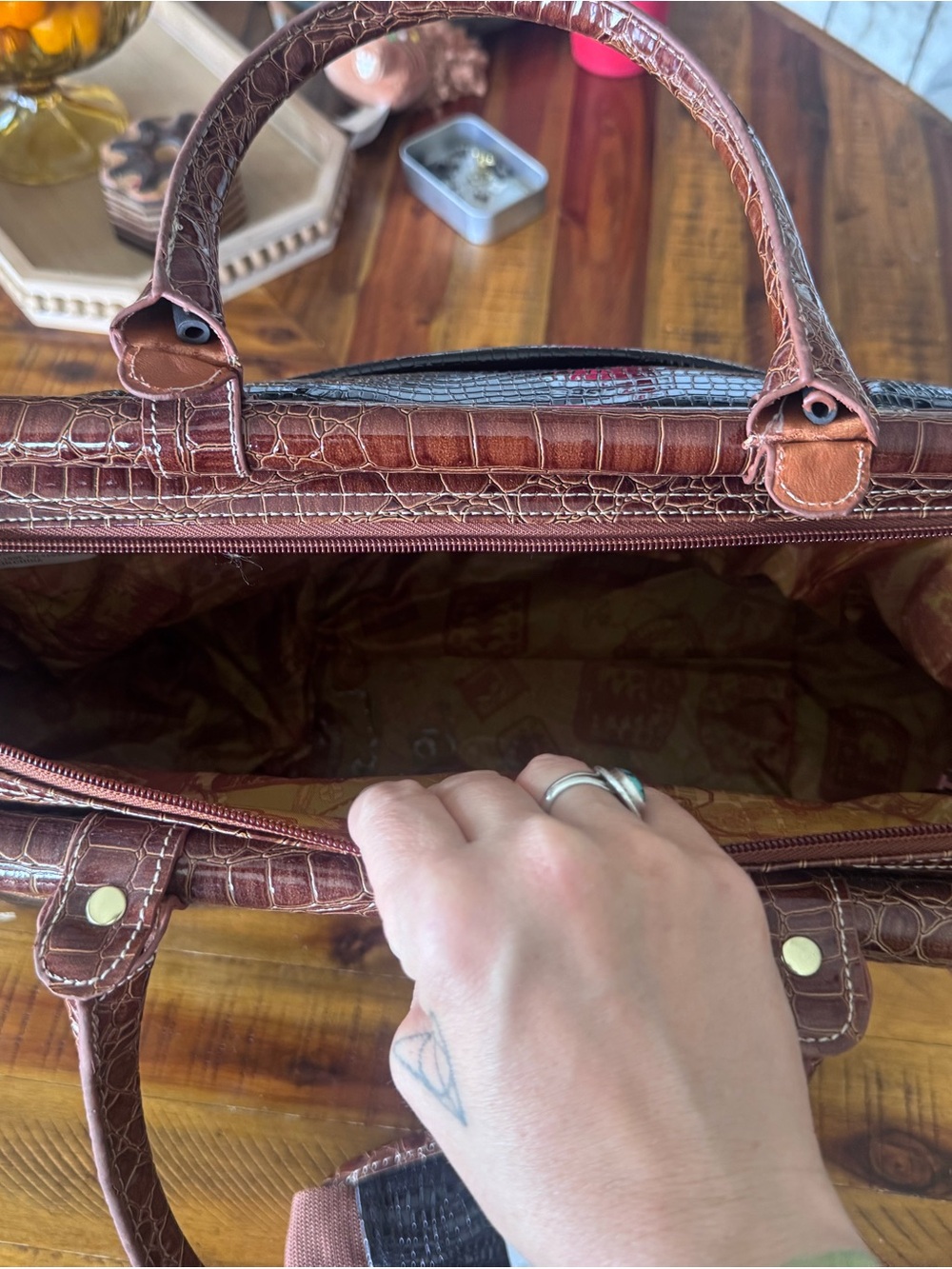 Samantha Brown Croc-Embossed Black Weekender Bag with Brown Trim - Picture 4 of 12